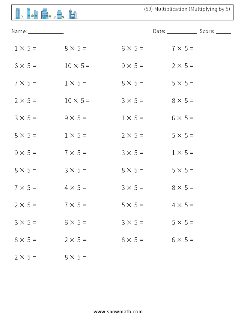 (50) Multiplication (Multiplying by 5) Maths Worksheets 9