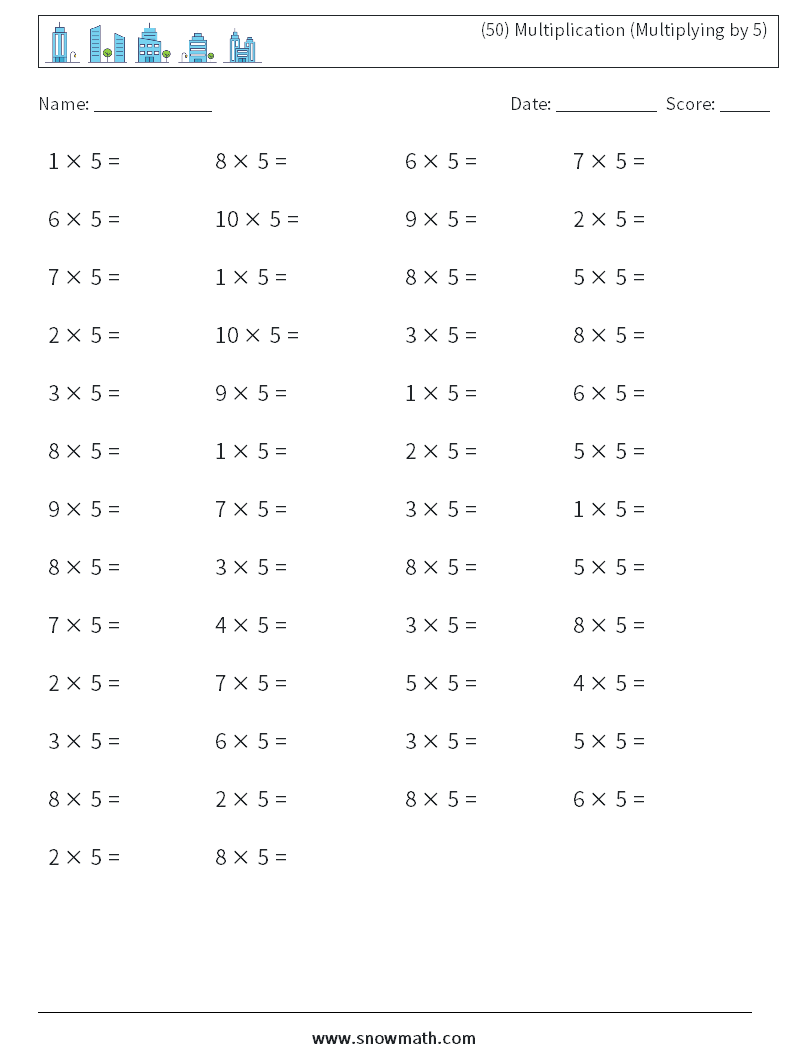 (50) Multiplication (Multiplying by 5) Math Worksheets 9