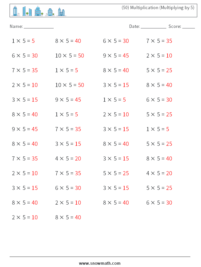 (50) Multiplication (Multiplying by 5) Math Worksheets 9 Question, Answer