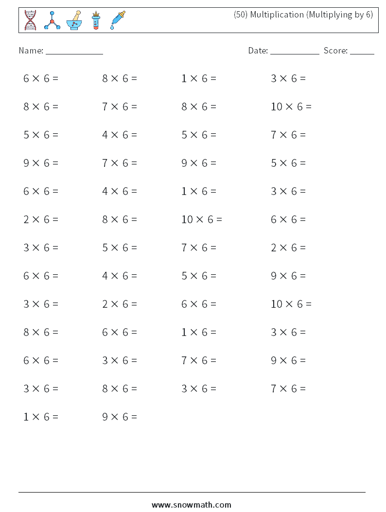 (50) Multiplication (Multiplying by 6) Math Worksheets 1