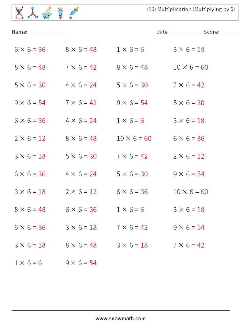 (50) Multiplication (Multiplying by 6) Math Worksheets 1 Question, Answer