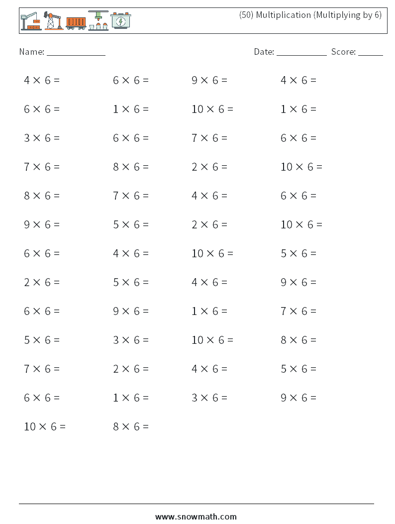 (50) Multiplication (Multiplying by 6) Math Worksheets 2