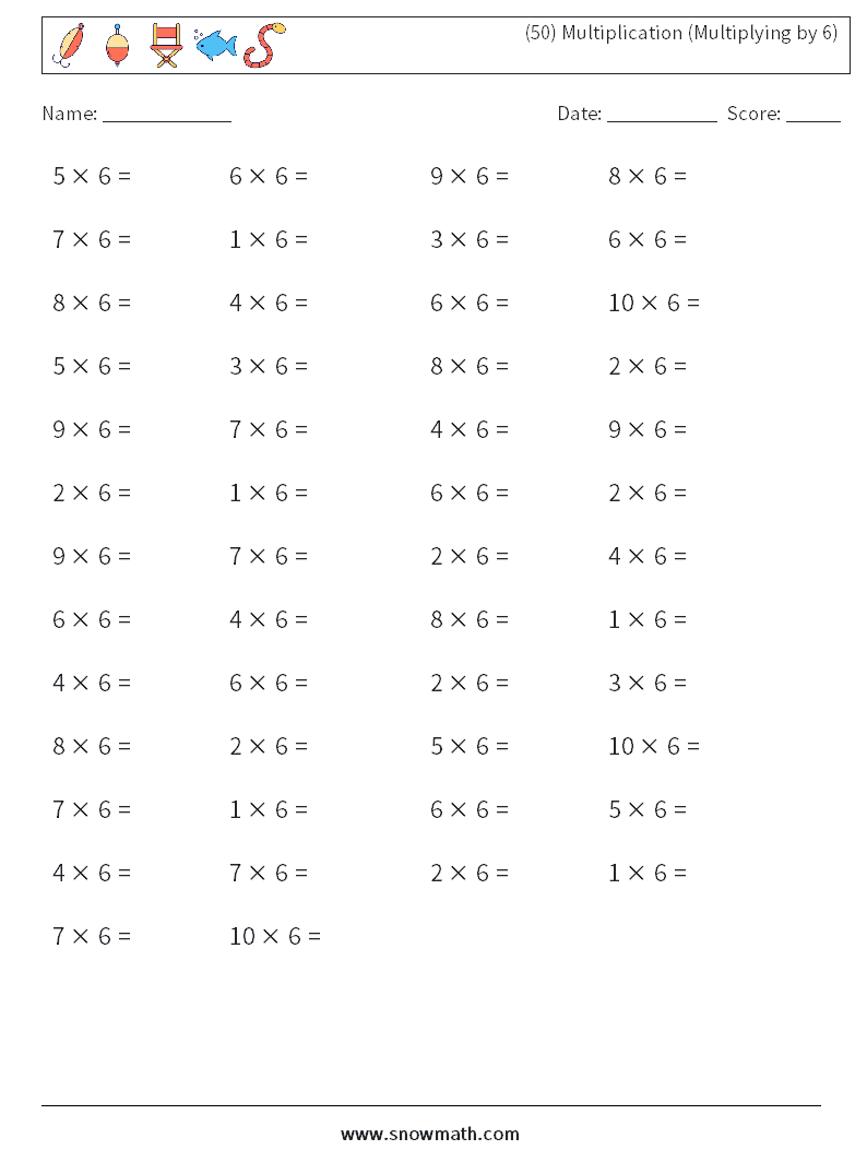 (50) Multiplication (Multiplying by 6) Math Worksheets 3