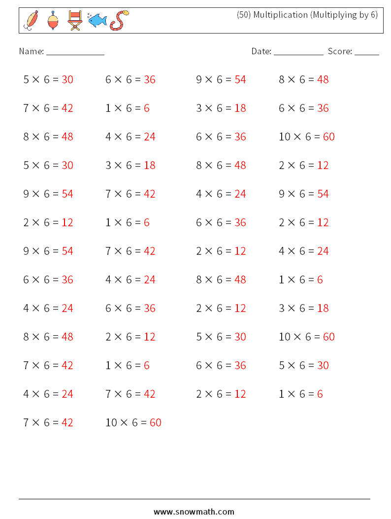 (50) Multiplication (Multiplying by 6) Math Worksheets 3 Question, Answer