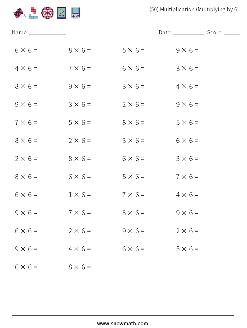 (50) Multiplication (Multiplying by 6) Math Worksheets 5