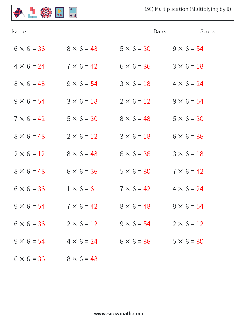 (50) Multiplication (Multiplying by 6) Math Worksheets 5 Question, Answer