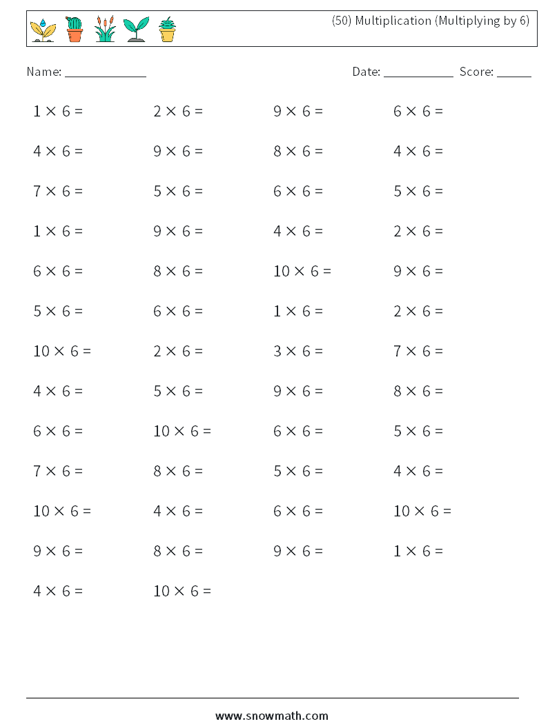 (50) Multiplication (Multiplying by 6) Math Worksheets 6