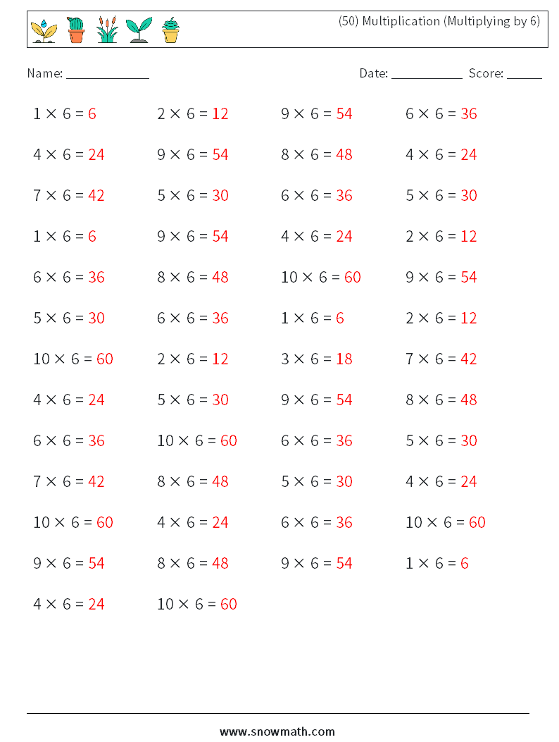 (50) Multiplication (Multiplying by 6) Math Worksheets 6 Question, Answer