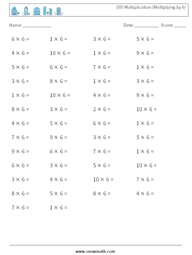 (50) Multiplication (Multiplying by 6) Maths Worksheets 7