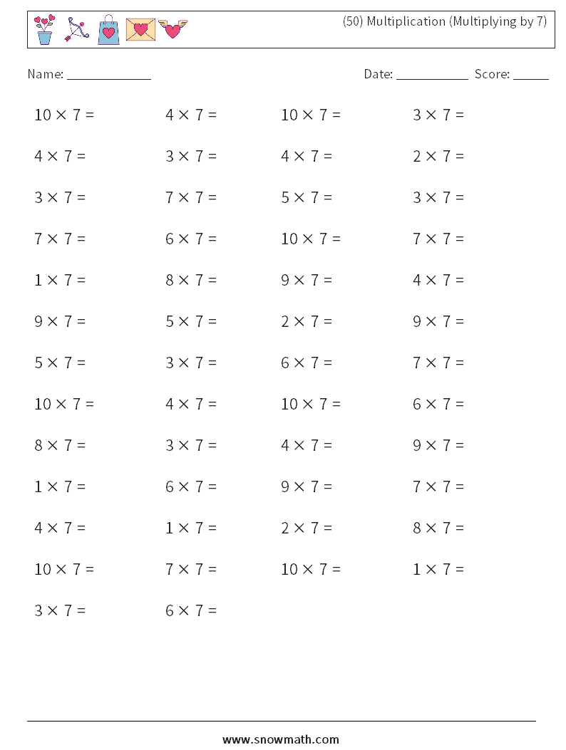 (50) Multiplication (Multiplying by 7) Math Worksheets 1