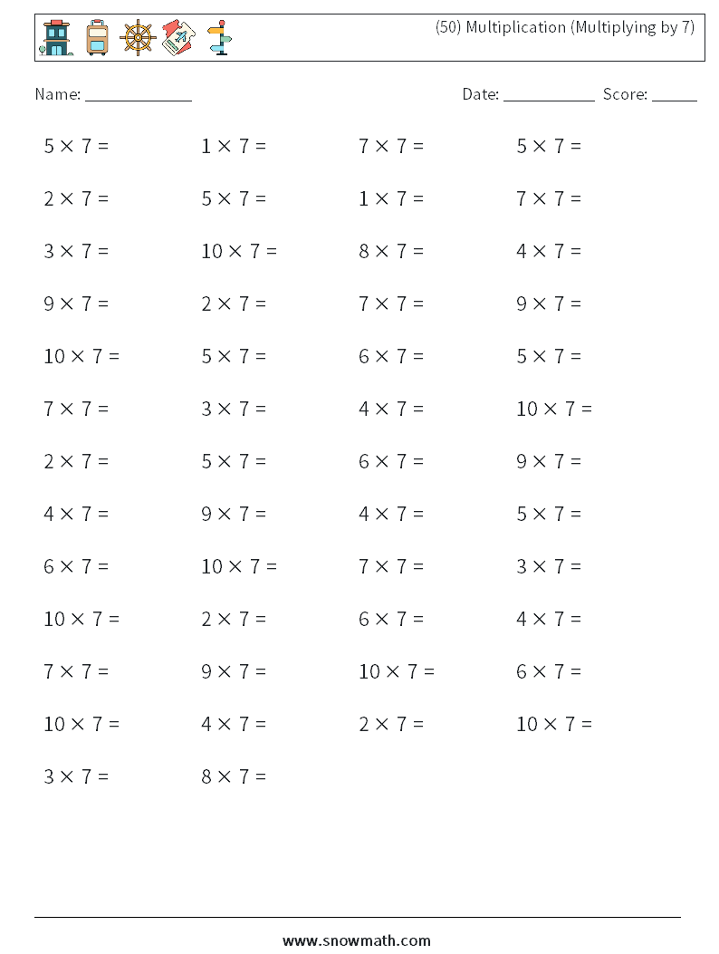 (50) Multiplication (Multiplying by 7) Maths Worksheets 6