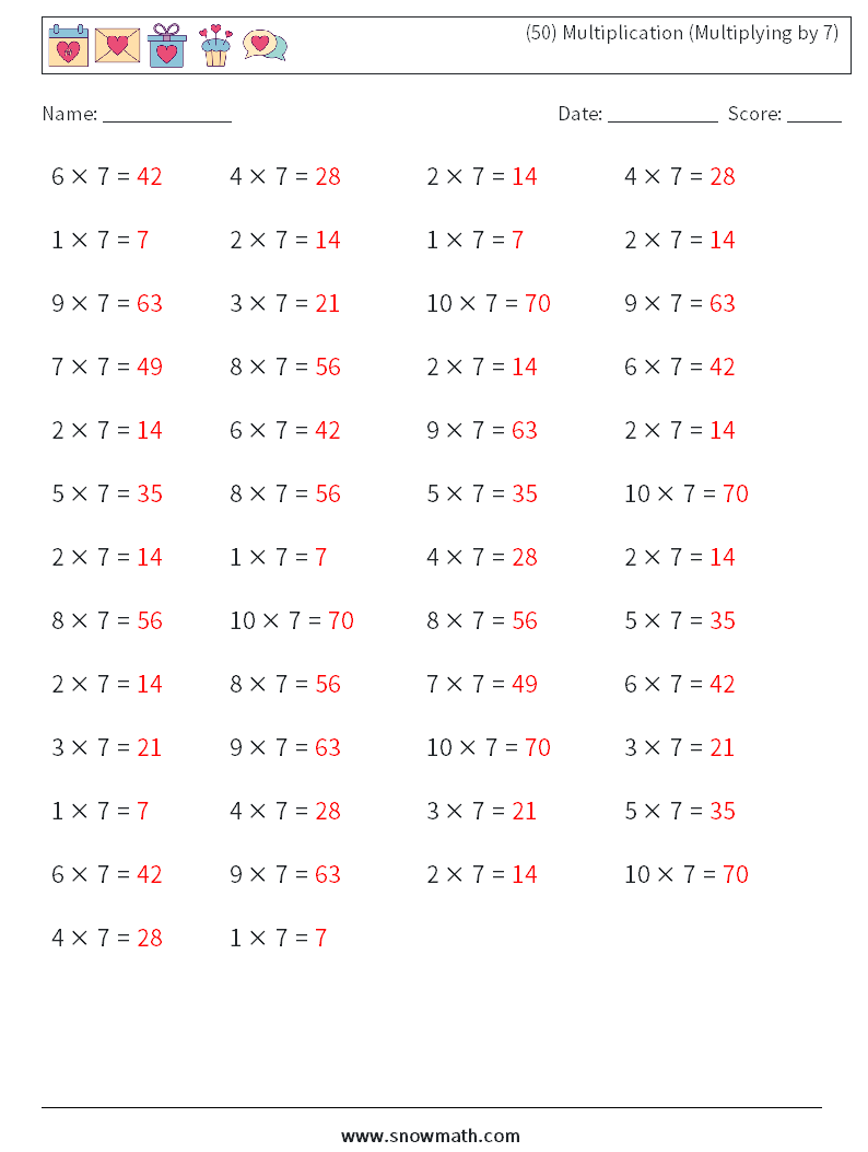 (50) Multiplication (Multiplying by 7) Math Worksheets 8 Question, Answer