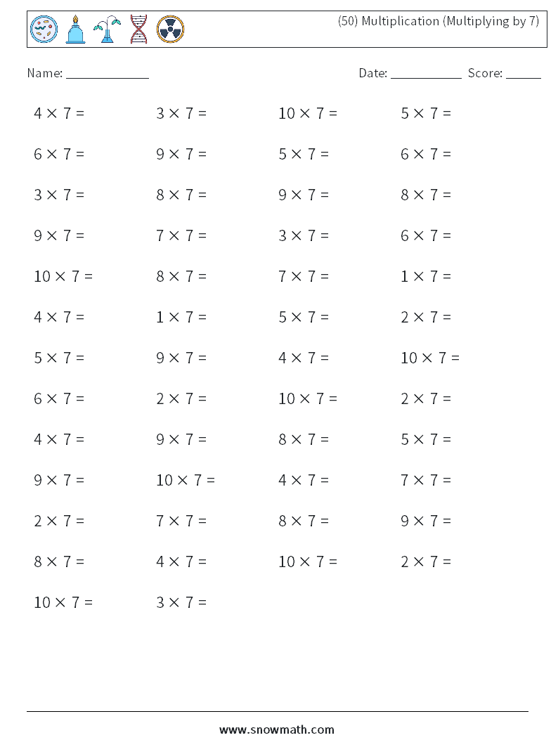 (50) Multiplication (Multiplying by 7) Maths Worksheets 9