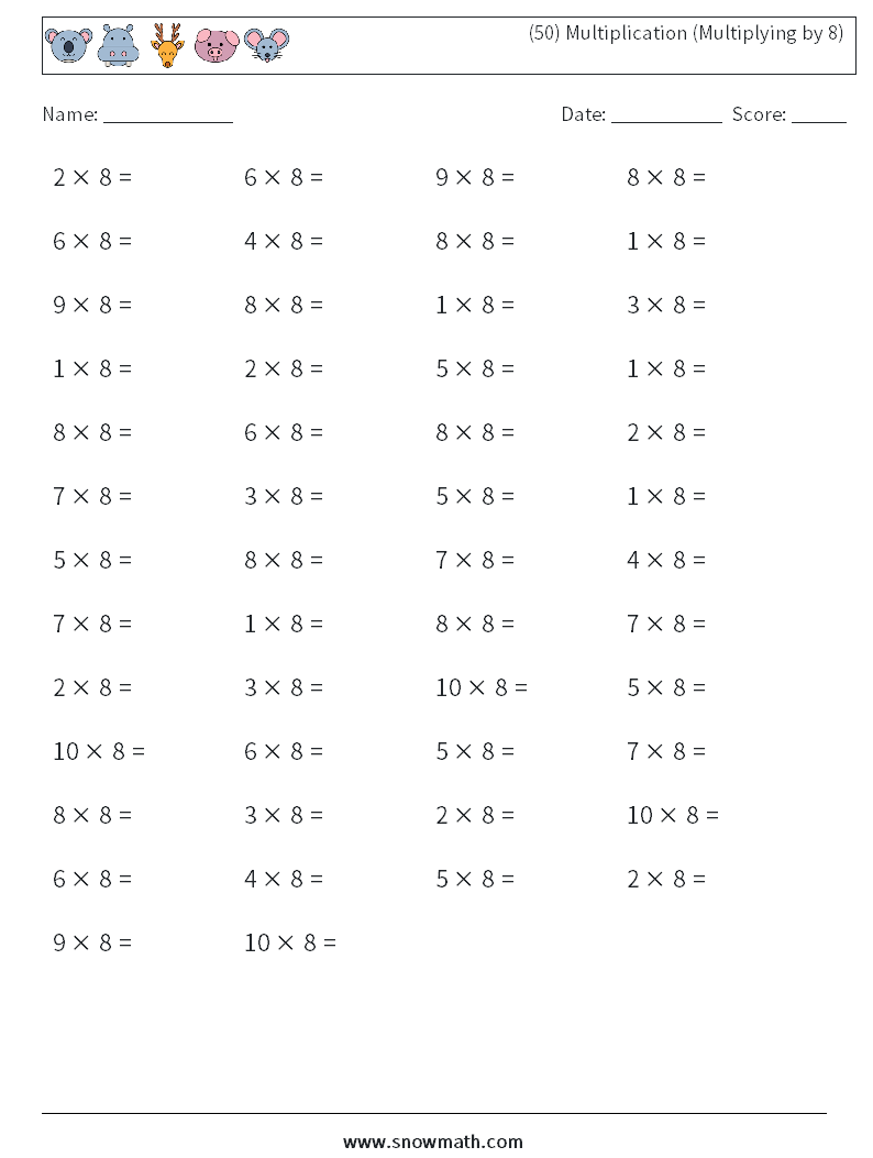 (50) Multiplication (Multiplying by 8) Maths Worksheets 1