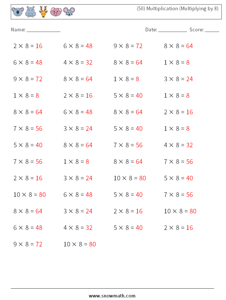 (50) Multiplication (Multiplying by 8) Math Worksheets 1 Question, Answer