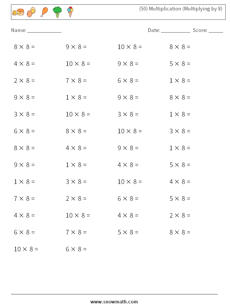 (50) Multiplication (Multiplying by 8) Math Worksheets 2