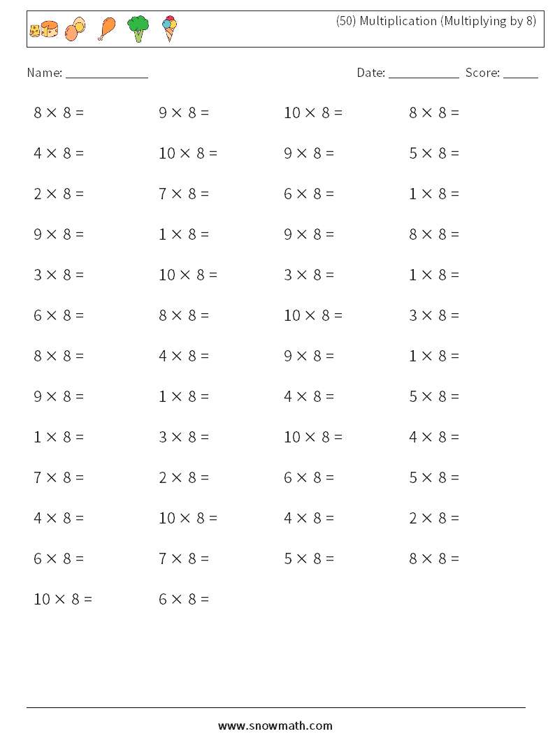 (50) Multiplication (Multiplying by 8) Maths Worksheets 2