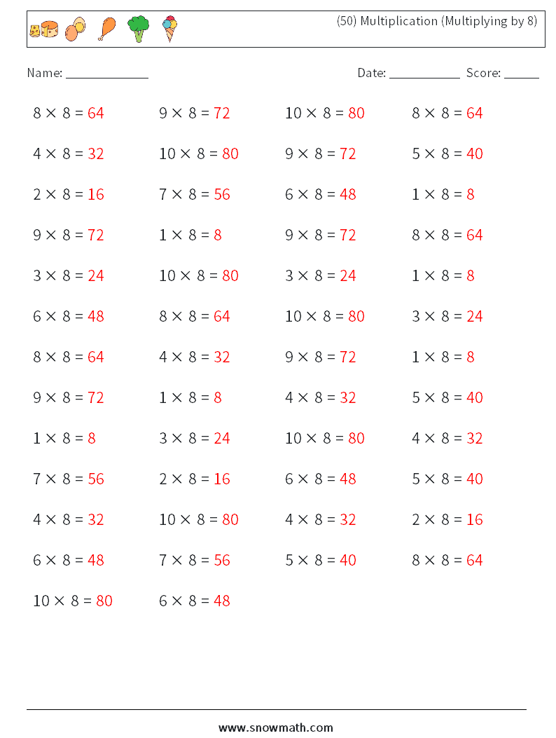 (50) Multiplication (Multiplying by 8) Math Worksheets 2 Question, Answer