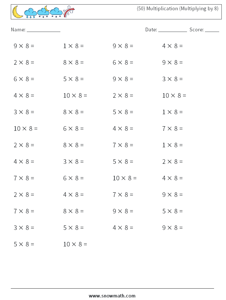 (50) Multiplication (Multiplying by 8) Maths Worksheets 4
