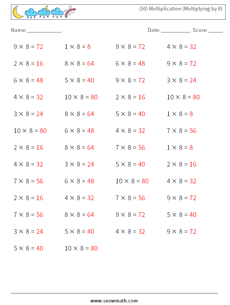(50) Multiplication (Multiplying by 8) Math Worksheets 4 Question, Answer