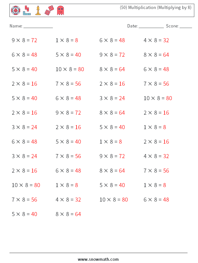 (50) Multiplication (Multiplying by 8) Math Worksheets 5 Question, Answer