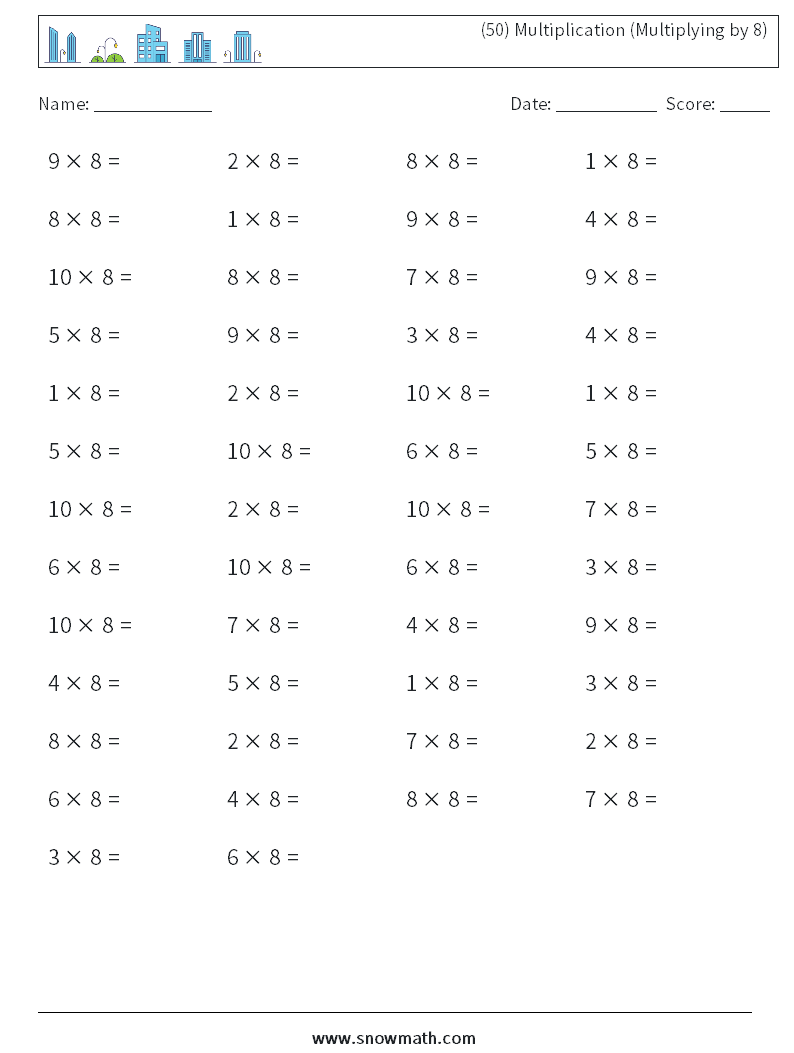 (50) Multiplication (Multiplying by 8) Math Worksheets 6