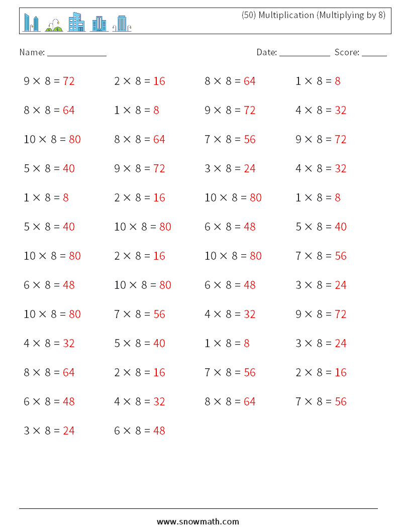 (50) Multiplication (Multiplying by 8) Math Worksheets 6 Question, Answer