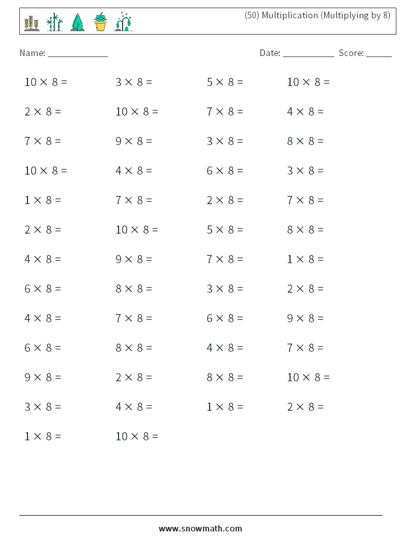 (50) Multiplication (Multiplying by 8) Math Worksheets 7