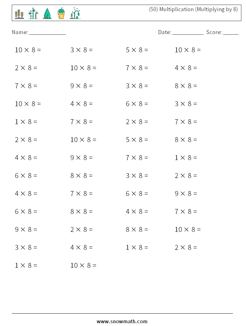 (50) Multiplication (Multiplying by 8) Maths Worksheets 7