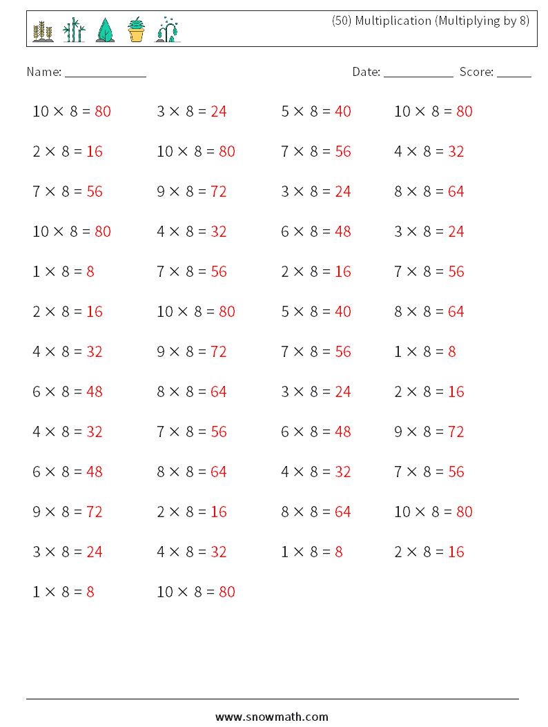 (50) Multiplication (Multiplying by 8) Math Worksheets 7 Question, Answer