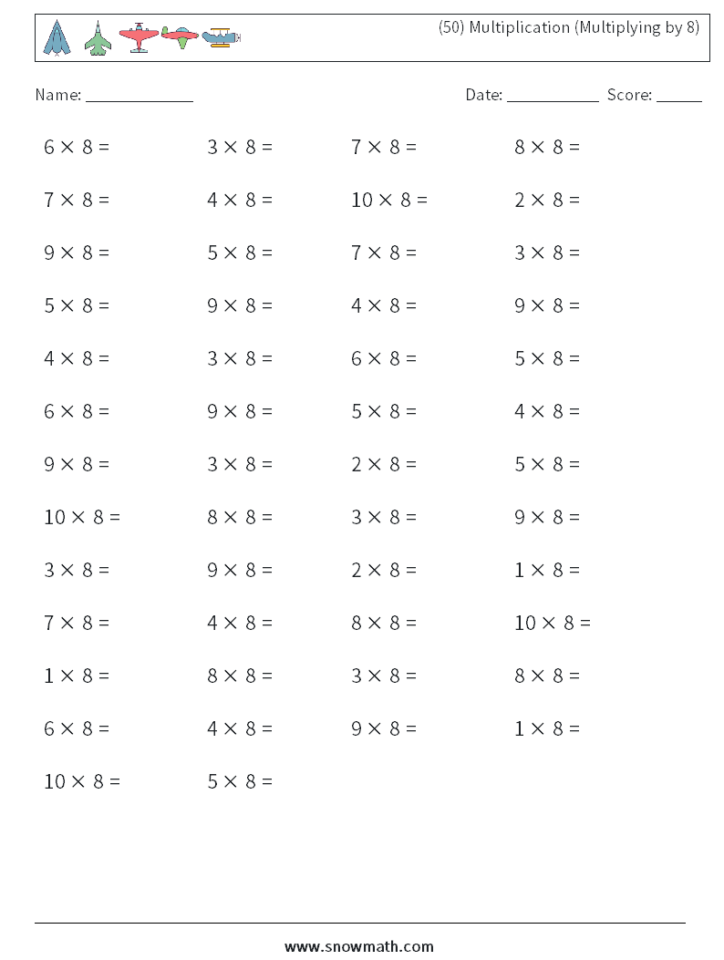 (50) Multiplication (Multiplying by 8) Maths Worksheets 8