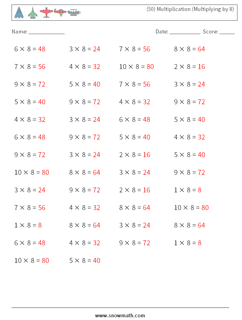 (50) Multiplication (Multiplying by 8) Math Worksheets 8 Question, Answer