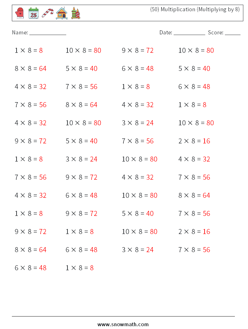 (50) Multiplication (Multiplying by 8) Math Worksheets 9 Question, Answer