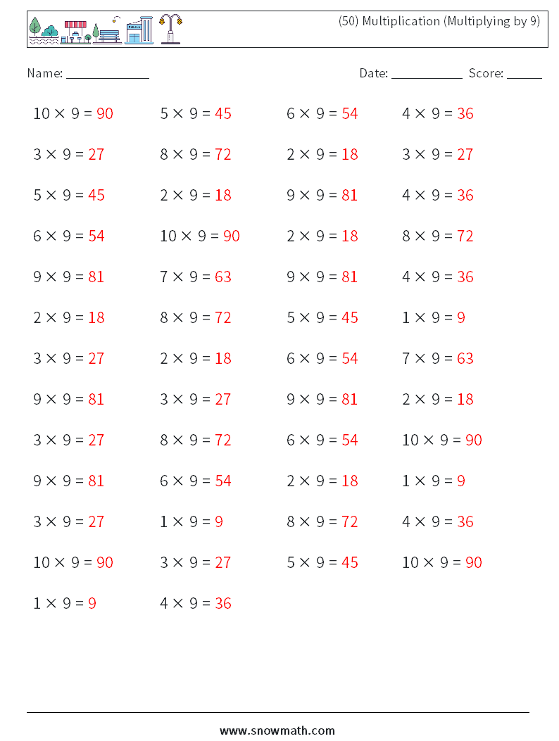 (50) Multiplication (Multiplying by 9) Math Worksheets 1 Question, Answer