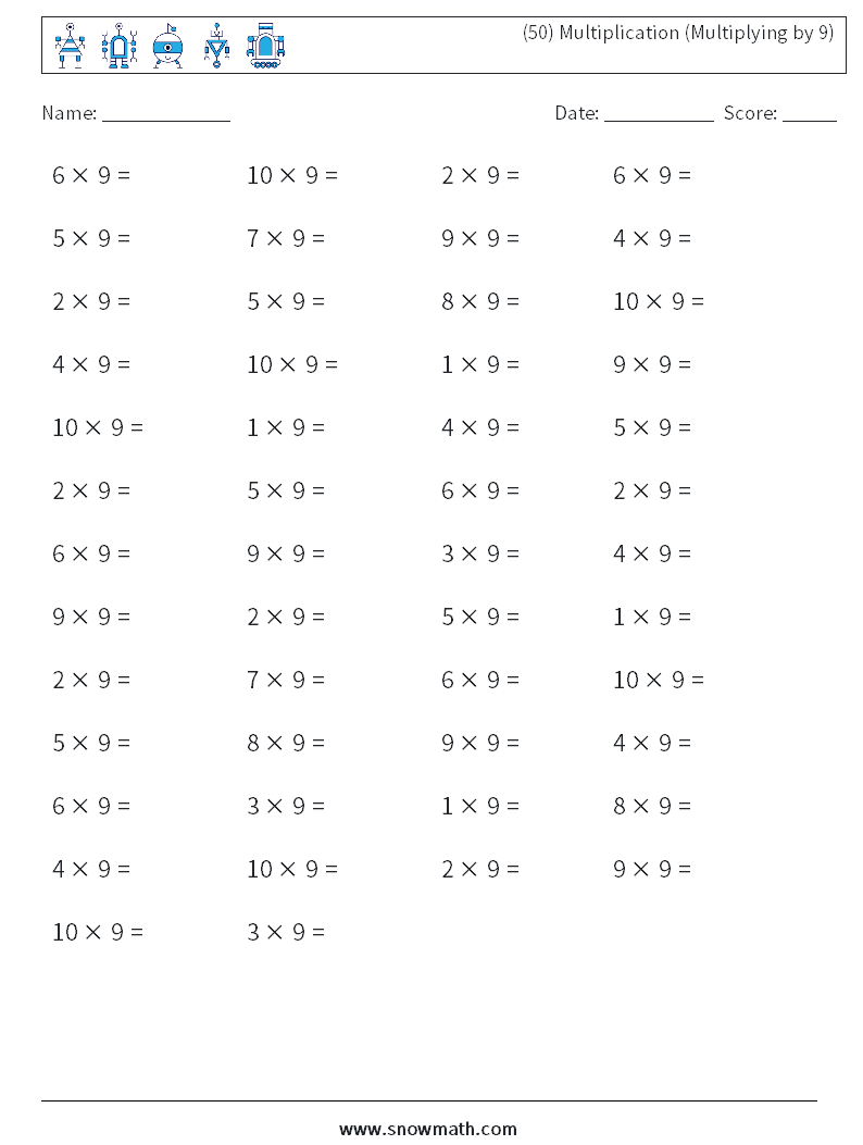 (50) Multiplication (Multiplying by 9) Maths Worksheets 2