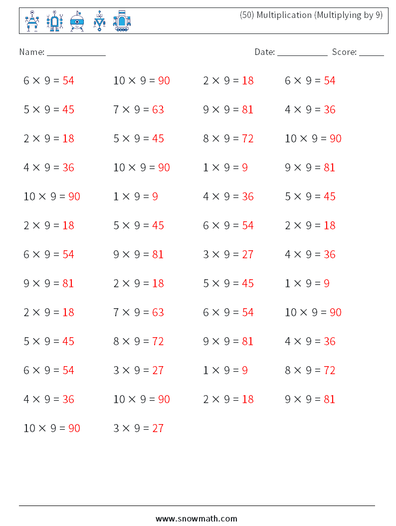 (50) Multiplication (Multiplying by 9) Math Worksheets 2 Question, Answer