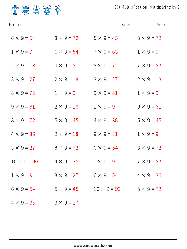 (50) Multiplication (Multiplying by 9) Math Worksheets 3 Question, Answer