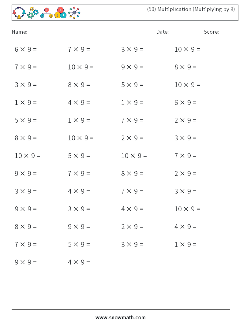 (50) Multiplication (Multiplying by 9) Maths Worksheets 4