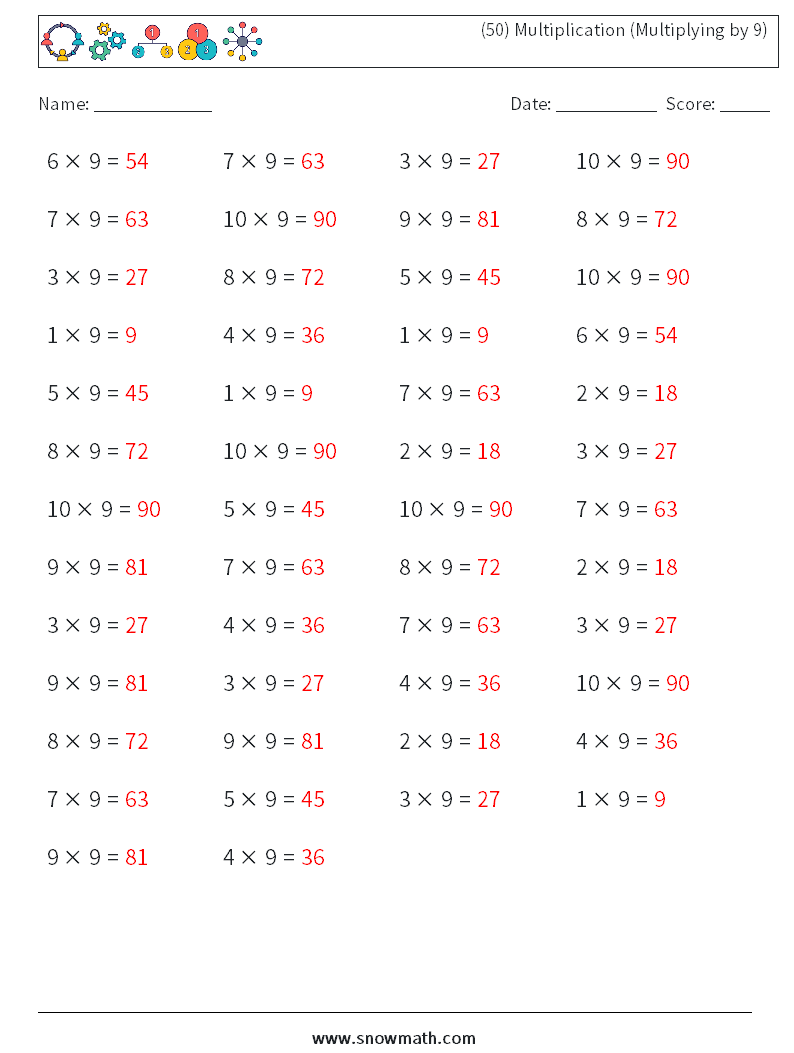 (50) Multiplication (Multiplying by 9) Math Worksheets 4 Question, Answer