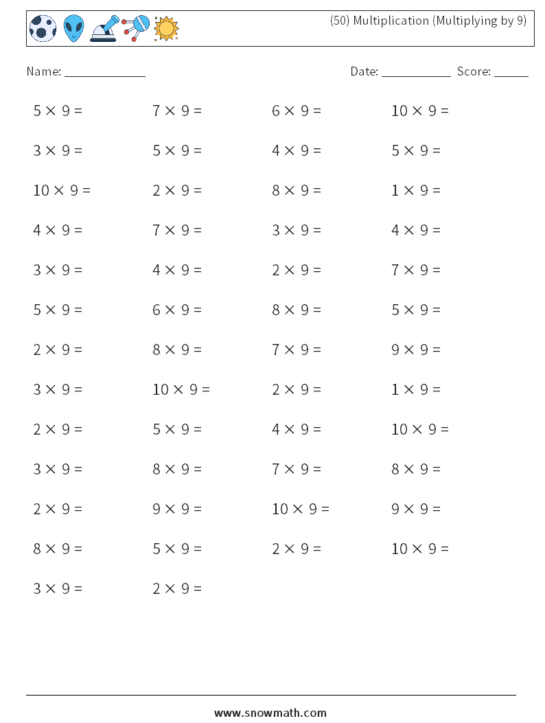 (50) Multiplication (Multiplying by 9) Math Worksheets 5