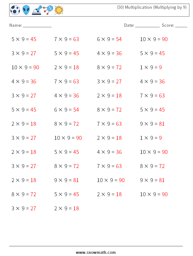 (50) Multiplication (Multiplying by 9) Math Worksheets 5 Question, Answer