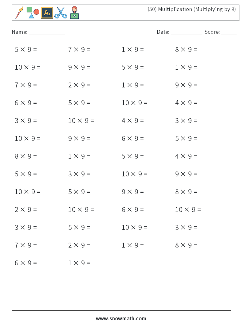 (50) Multiplication (Multiplying by 9) Math Worksheets 6