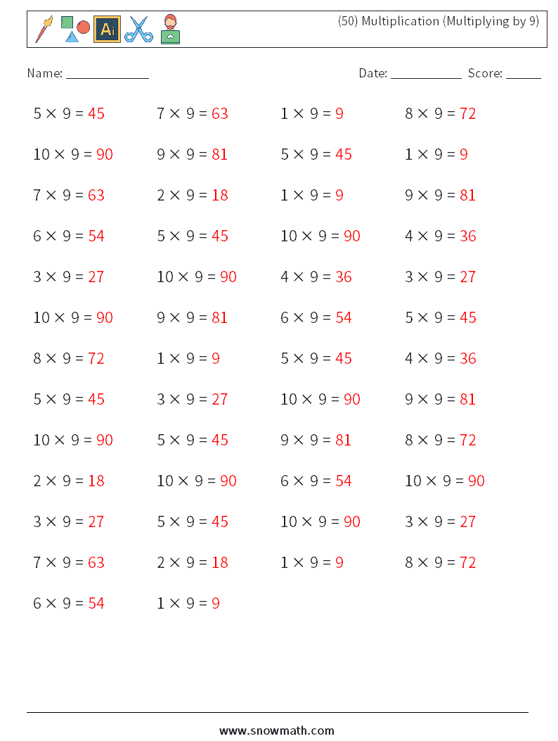 (50) Multiplication (Multiplying by 9) Math Worksheets 6 Question, Answer
