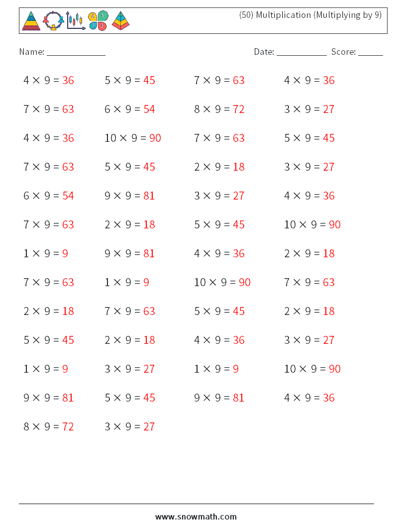 (50) Multiplication (Multiplying by 9) Math Worksheets 7 Question, Answer
