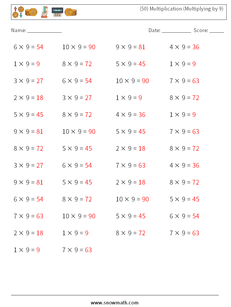 (50) Multiplication (Multiplying by 9) Math Worksheets 8 Question, Answer