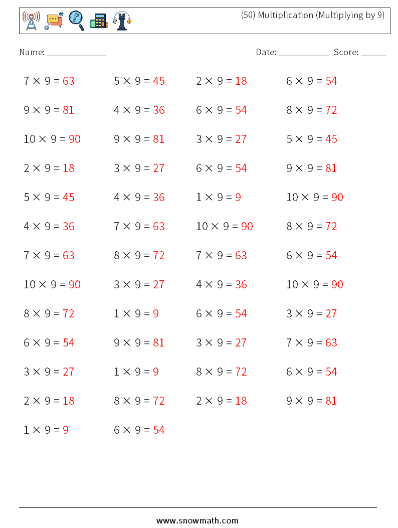 (50) Multiplication (Multiplying by 9) Math Worksheets 9 Question, Answer