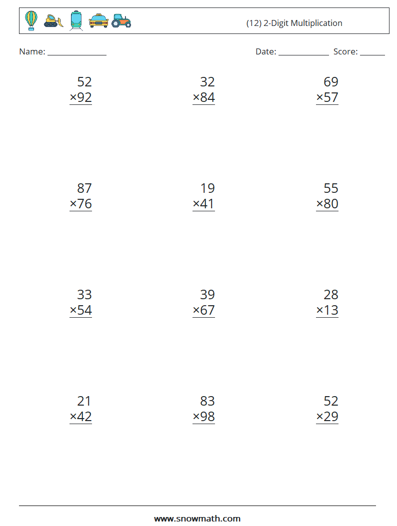 (12) 2-Digit Multiplication Math Worksheets 1