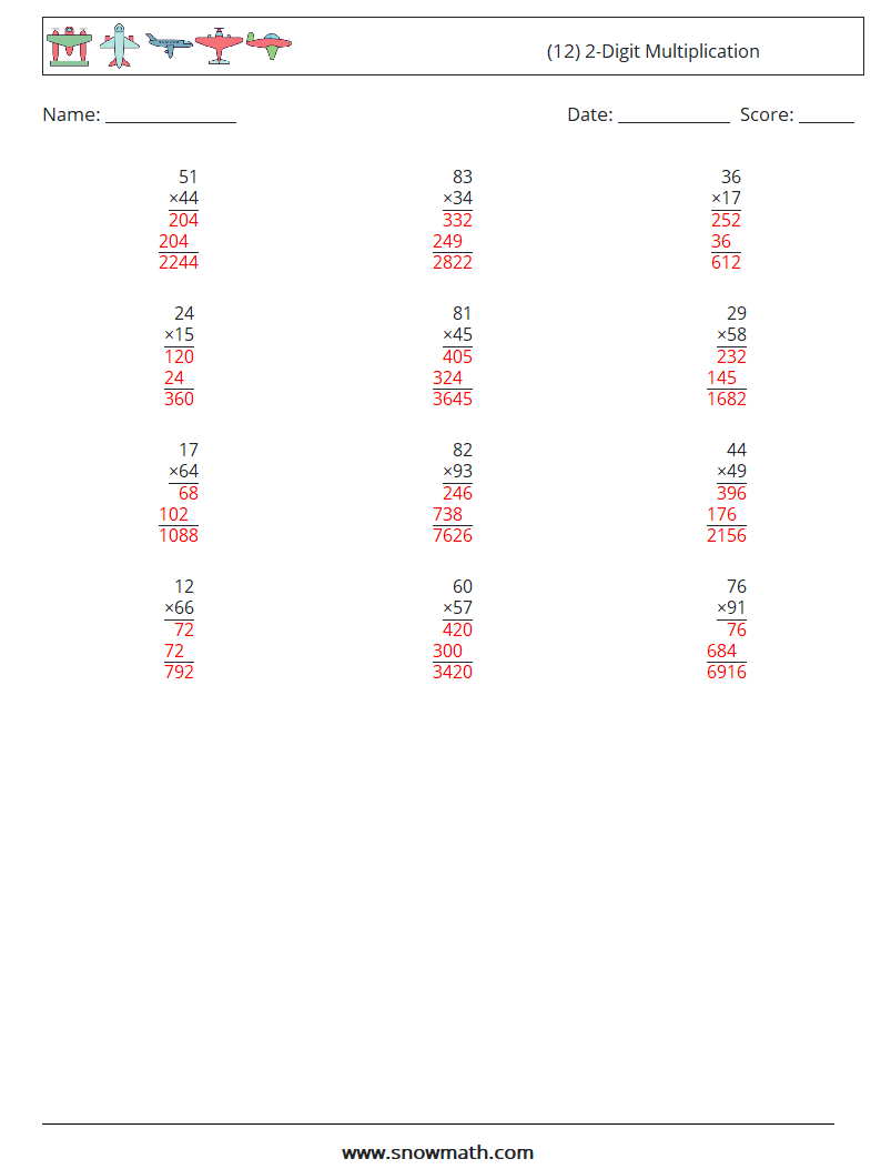 (12) 2-Digit Multiplication Math Worksheets 10 Question, Answer