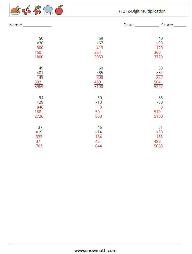 (12) 2-Digit Multiplication Math Worksheets 11 Question, Answer