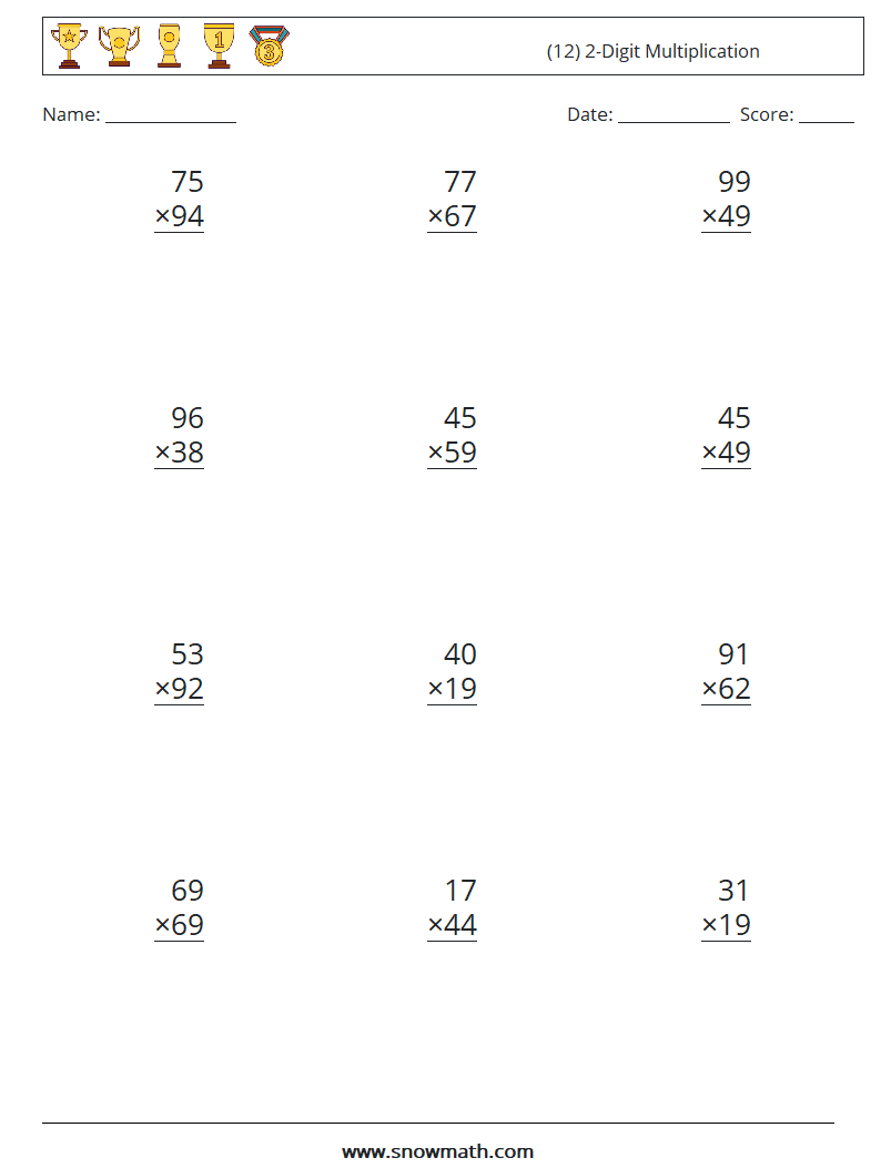 (12) 2-Digit Multiplication Maths Worksheets 13